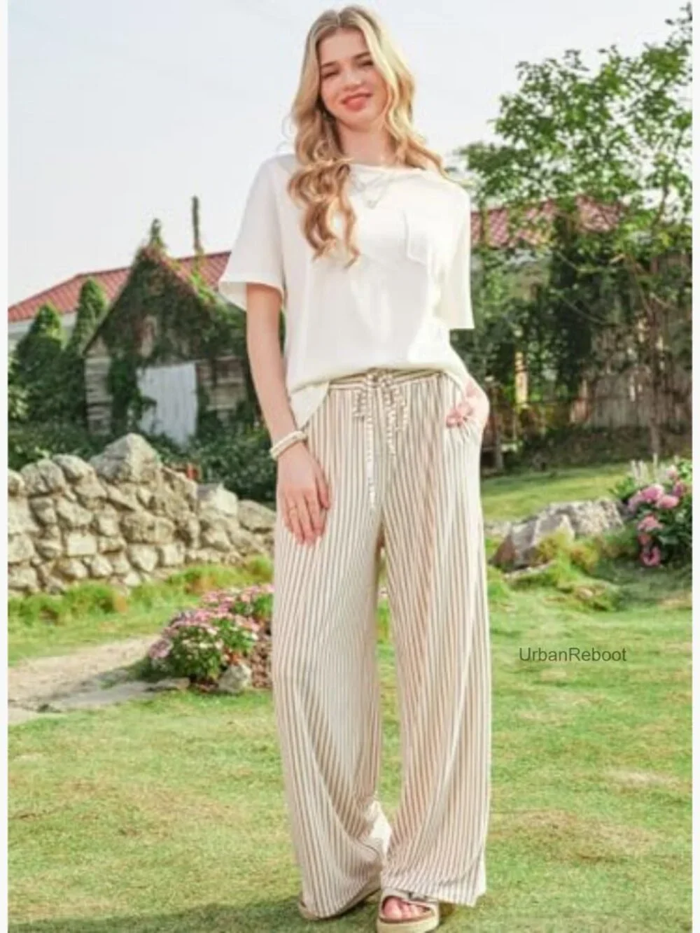 Wide Leg Palazzo Pants with Pockets Drawstring Elastic Waist - Picture 6 of 7